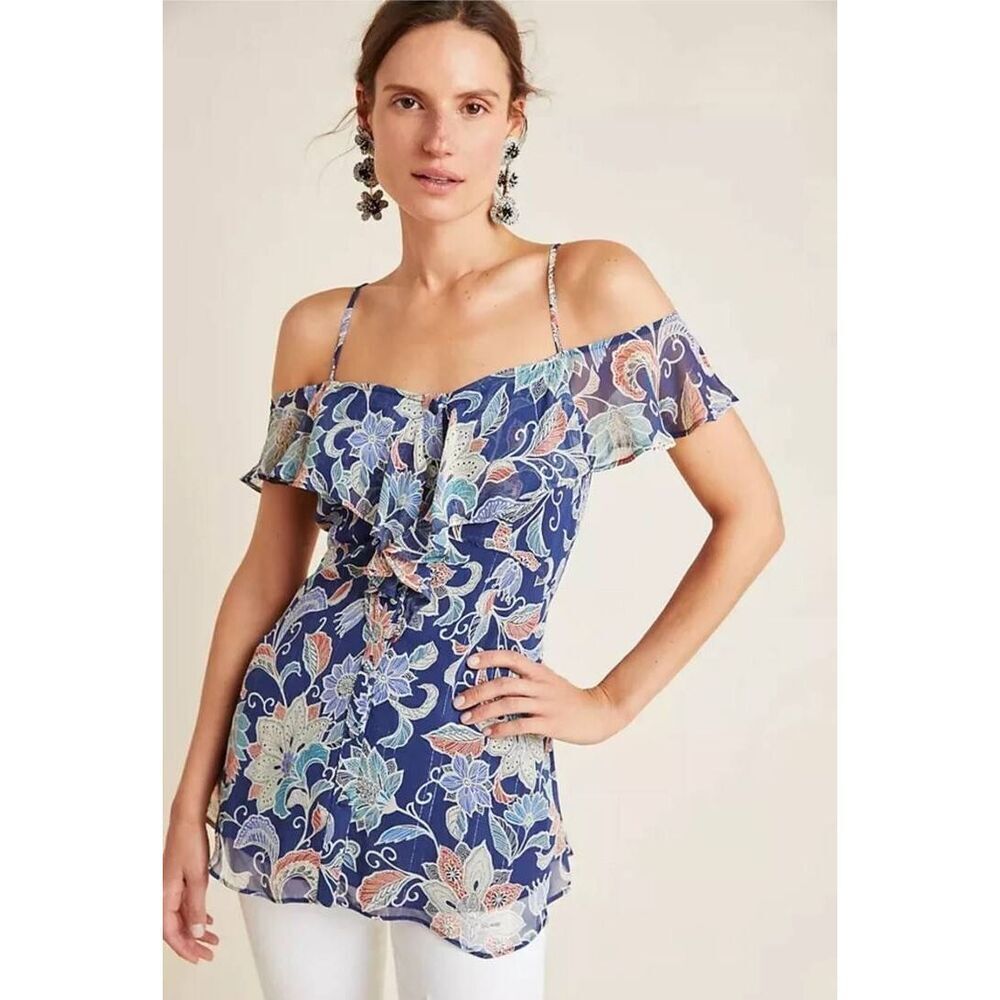 Anthropologie Maeve Mariposa Open-Shoulder Ruffled Top, Size 10 Blue Floral